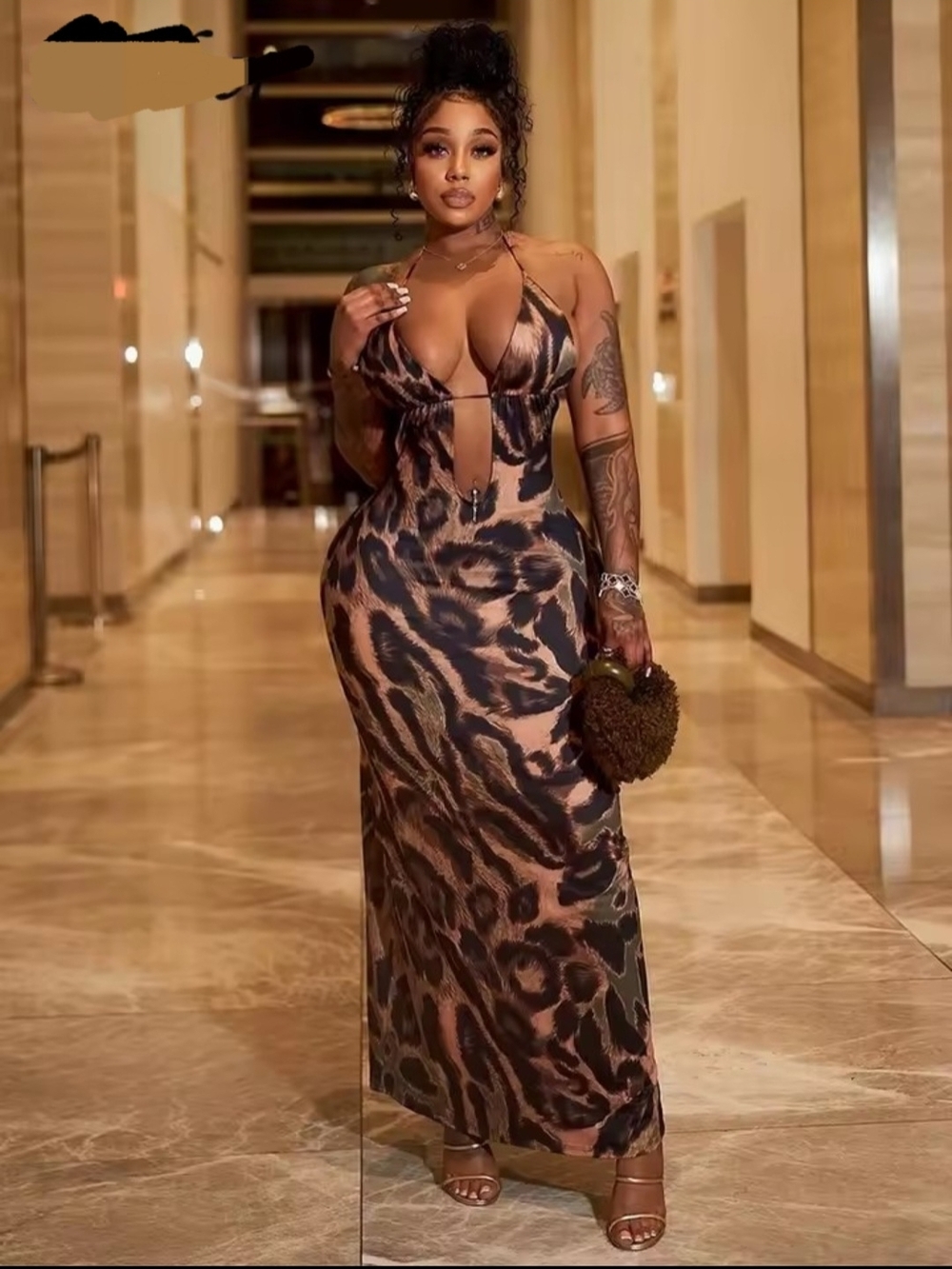 Sexy Leopard-Print Halter Maxi Dress - Brown